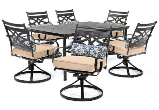 Hanover Montclair 7-Piece Dining Set In Country Cork With 6 Swivel Rockers And A 40" x 67" Dining Table
