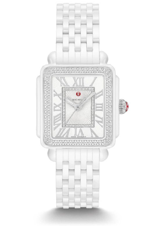 Michele Deco Madison Mid Silver Sunray Dial White Ceramic Bracelet Watch, 29mm