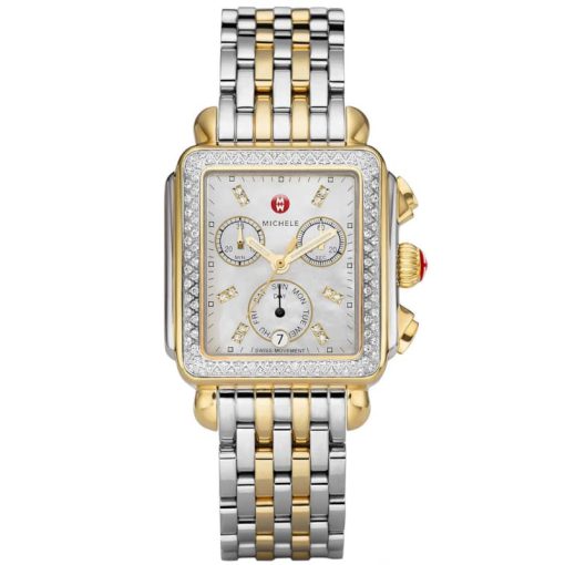 Michele Deco Chronograph MOP w/ Diamond Dial Two-Tone Bracelet Watch, 33mm x 35mm