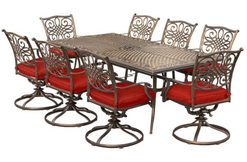 Hanover Traditions 9-Piece Dining Set In Red With 8 Swivel Rockers And A 84" x 42" Cast-Top Dining Table