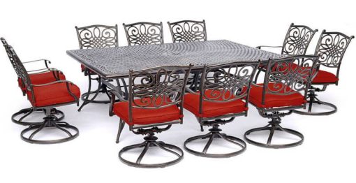 Hanover Traditions 11-Piece Outdoor Dining Set In Red/Cast With 10 Swivel Rockers, 60x84" Cast Table
