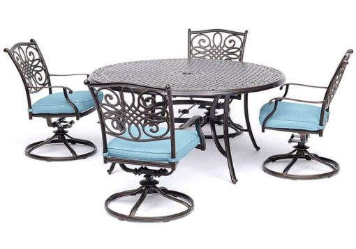 Hanover Traditions 5-Piece Outdoor Dining Set In Blue/Bronze With 4 Swivel Rockers, 48" Cast-Top Table