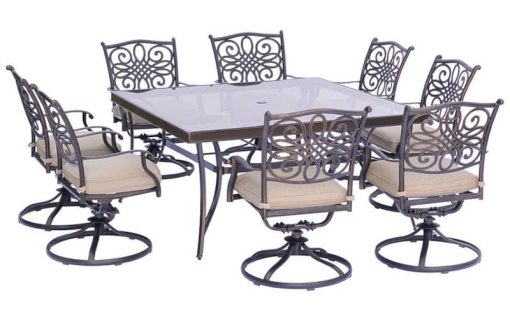 Hanover Traditions 9-Piece Dining Set In Tan With A 60" Square Glass-Top Dining Table
