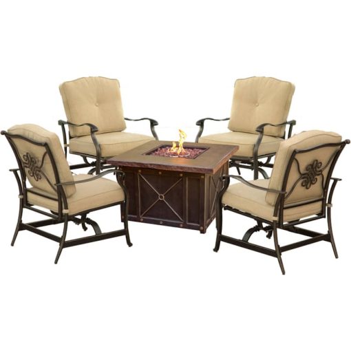 Hanover Summer Nights 5-Piece Outdoor Fire Pit Conversation Set In Natural Oat