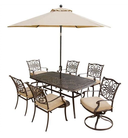 Hanover Traditions 7-Piece Outdoor Dining Patio Set with Umbrella In Natural Oat