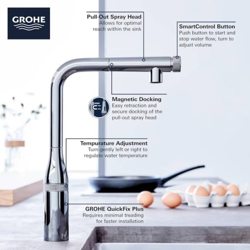 GROHE Essence StarLight Chrome Smartcontrol Pull-Out Kitchen Faucet - Image 5
