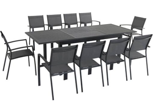 Hanover Cameron 11-Piece Outdoor Dining Set In Grey With 10 Aluminum Sling Chairs, 63x94" Aluminum Extension Table