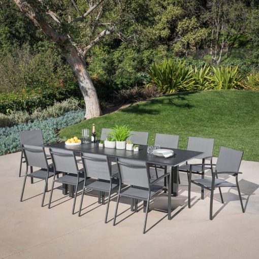 Hanover Cameron 11-Piece Outdoor Dining Set In Grey With 10 Aluminum Sling Chairs, 63x94" Aluminum Extension Table - Image 15