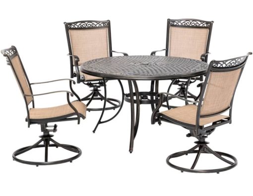 Hanover Fontana 5-Piece Outdoor Dining Set In Tan/Bronze With 4 Sling Swivel Rockers, 48" Round Cast-Top Table