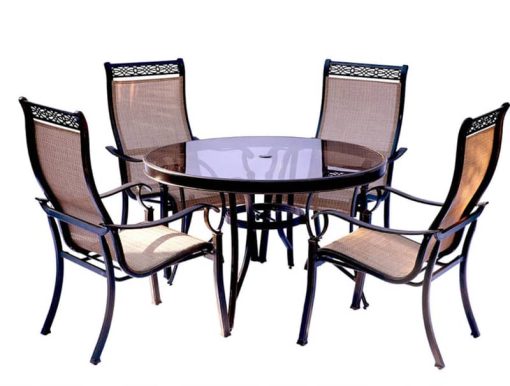 Hanover Monaco 5-Piece Outdoor Dining Set In Tan Sling/Glass With 4 Sling Dining Chairs, 48" Round Glass Top Table