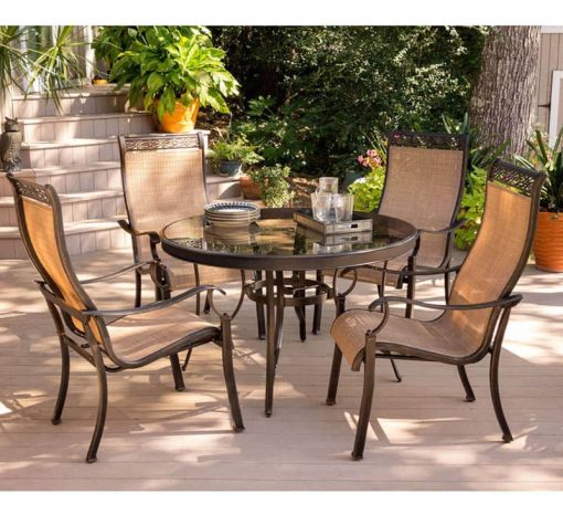Hanover Monaco 5-Piece Outdoor Dining Set In Tan Sling/Glass With 4 Sling Dining Chairs, 48" Round Glass Top Table - Image 2