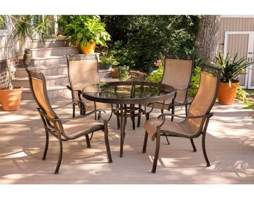 Hanover Monaco 5-Piece Outdoor Dining Set In Tan Sling/Glass With 4 Sling Dining Chairs, 48" Round Glass Top Table - Image 3
