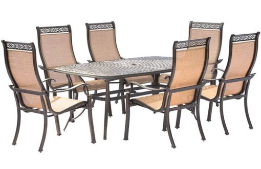 Hanover Manor 7-Piece Outdoor Dining Set In Tan/Bronze With 6 Dining Chairs, 72" x 38" Cast-Top Table