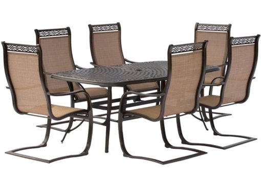 Hanover Manor 7-Piece Outdoor Dining Set In Tan/Bronze With 6 C-Spring Chairs, 72" x 38" Cast-Top Table