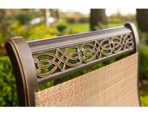 Hanover Manor 7-Piece Outdoor Dining Set In Tan/Bronze With 6 Spring Chairs, 72" x 38" Cast-Top Table, Umbrella, Base - Image 5