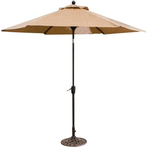 Hanover Manor 7-Piece Outdoor Dining Set In Tan/Bronze With 6 Spring Chairs, 72" x 38" Cast-Top Table, Umbrella, Base - Image 2