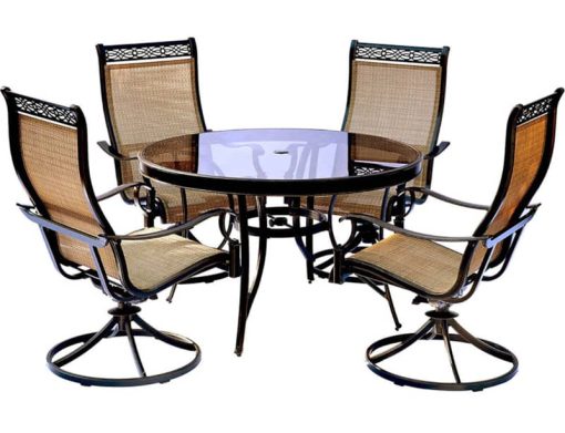 Hanover Monaco 5-Piece Outdoor Dining Set In Tan/Bronze With 4 Sling Swivel Rockers, 48" Glass-Top Round Table
