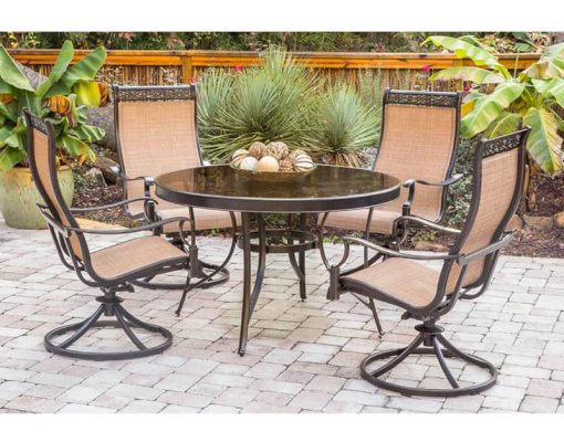 Hanover Monaco 5-Piece Outdoor Dining Set In Tan/Bronze With 4 Sling Swivel Rockers, 48" Glass-Top Round Table - Image 2