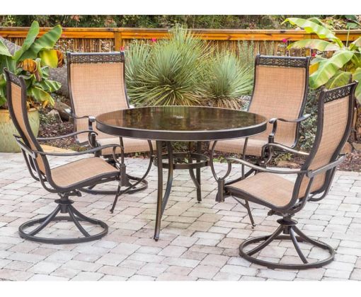 Hanover Monaco 5-Piece Outdoor Dining Set In Tan/Bronze With 4 Sling Swivel Rockers, 48" Glass-Top Round Table - Image 3