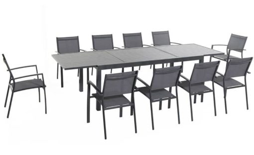 Hanover Naples 11-Piece Outdoor Dining Set In Gray With 10 Sling Dining Chairs, 40" x 118" Expandable Table