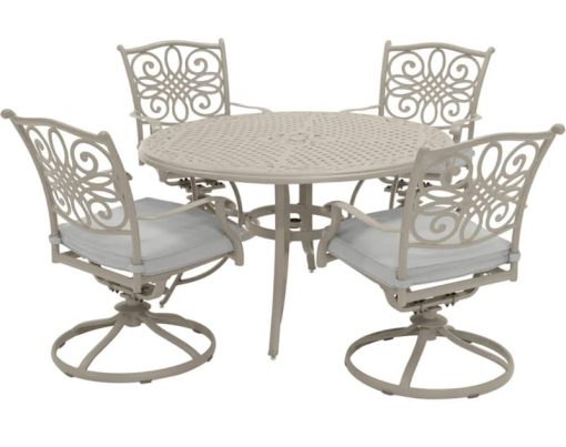 Hanover Traditions 5-Piece Outdoor Dining Set In Beige/Sand With 4 Swivel Chairs, 48" Cast-Top Table
