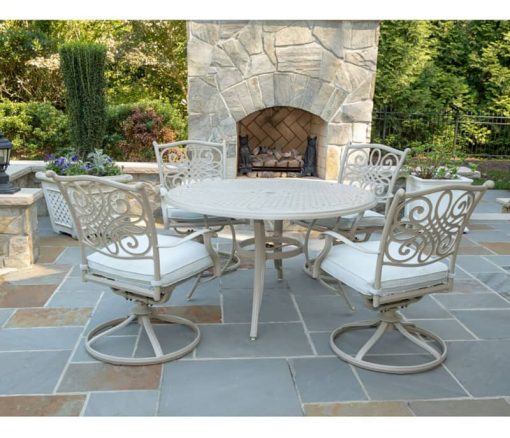 Hanover Traditions 5-Piece Outdoor Dining Set In Beige/Sand With 4 Swivel Chairs, 48" Cast-Top Table - Image 2