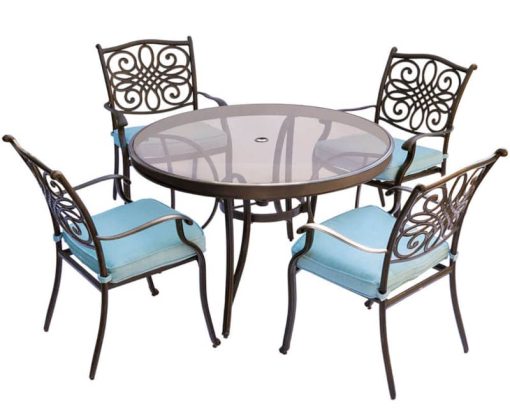 Hanover Traditions 5-Piece Outdoor Dining Set In Blue/Bronze With 4 Dining Chairs, 48" Glass-Top Table