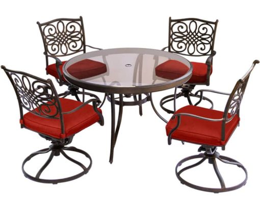 Hanover Traditions 5-Piece Outdoor Dining Set In Red/Bronze With 4 Swivel Rockers, 48" Glass-Top Table