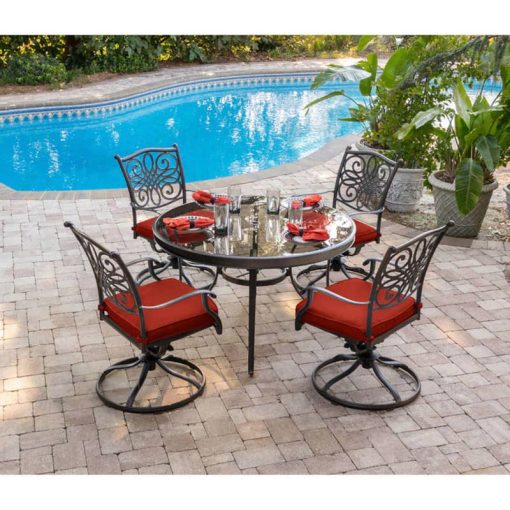 Hanover Traditions 5-Piece Outdoor Dining Set In Red/Bronze With 4 Swivel Rockers, 48" Glass-Top Table - Image 2