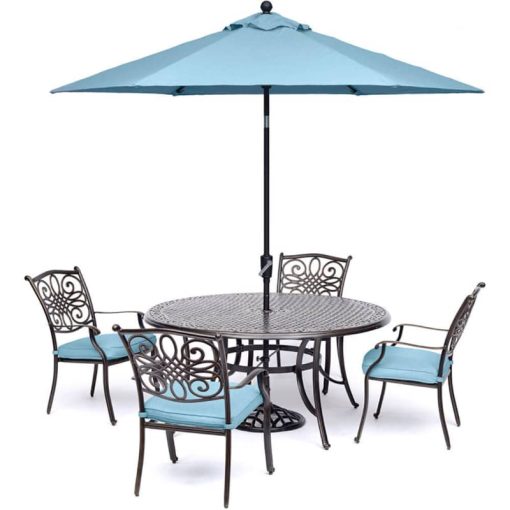 Hanover Traditions 5-Piece Outdoor Dining Set In Blue/Bronze With 4 Dining Chairs, 32" x 38" Cast-Top Table With Umbrella & Stand