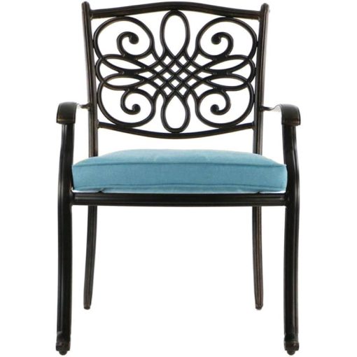 Hanover Traditions 5-Piece Outdoor Dining Set In Blue/Bronze With 4 Dining Chairs, 32" x 38" Cast-Top Table With Umbrella & Stand - Image 4