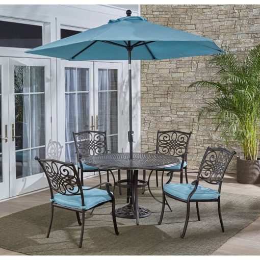Hanover Traditions 5-Piece Outdoor Dining Set In Blue/Bronze With 4 Dining Chairs, 32" x 38" Cast-Top Table With Umbrella & Stand - Image 2