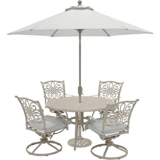 Hanover Traditions 5-Piece Outdoor Dining Set In Beige/Sand With 4 Swivel Chairs, 48" Cast-Top Table With Umbrella & Stand