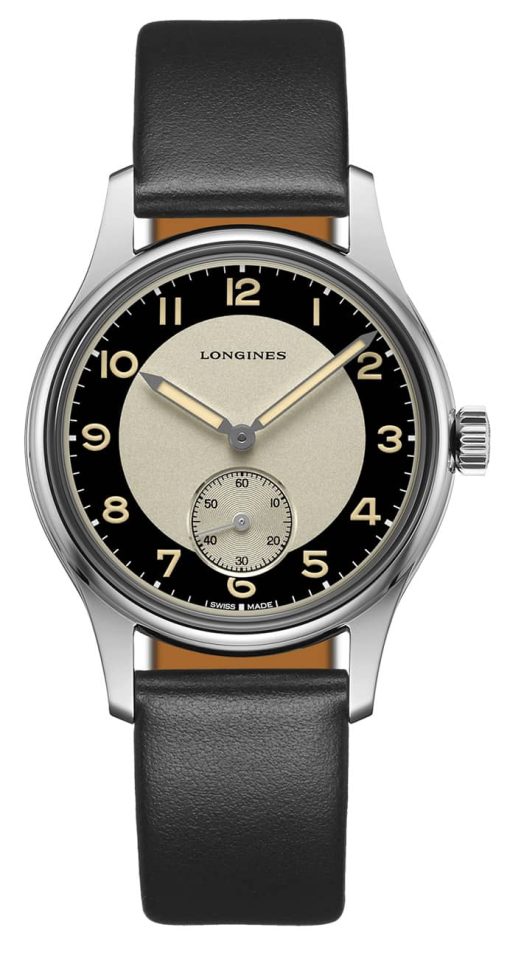 Longines Heritage Classic Tuxedo Black Leather Strap Watch, Black Dial, 38.50
