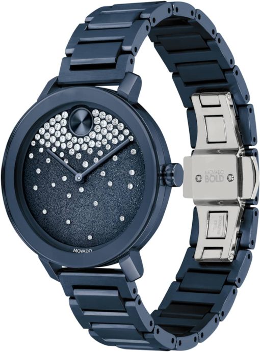 Movado BOLD Evolution Frosted Blue w/ Crystals Dial & Link Bracelet Watch, 34mm - Image 2