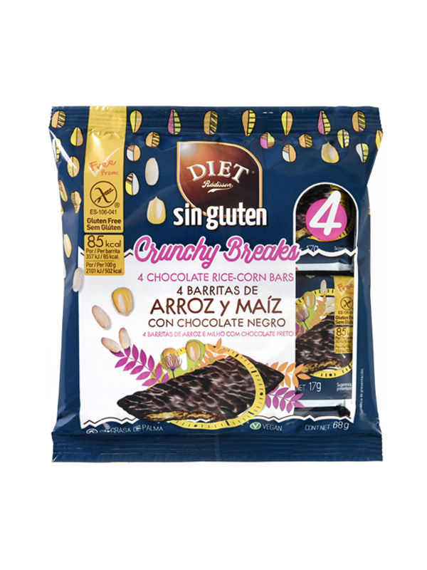 BARRITAS DE ARROZ Y MAÍZ CON CHOCOLATE NEGRO SIN GLUTEN 68 GR
