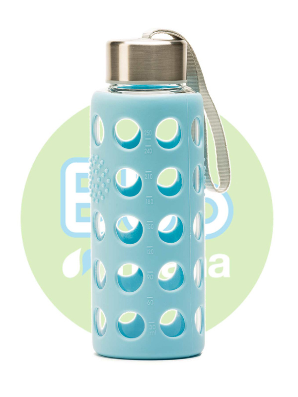 BOTELLA BBO AZUL BOROSILICATO CON SILICONA 300 ml. IRISANA