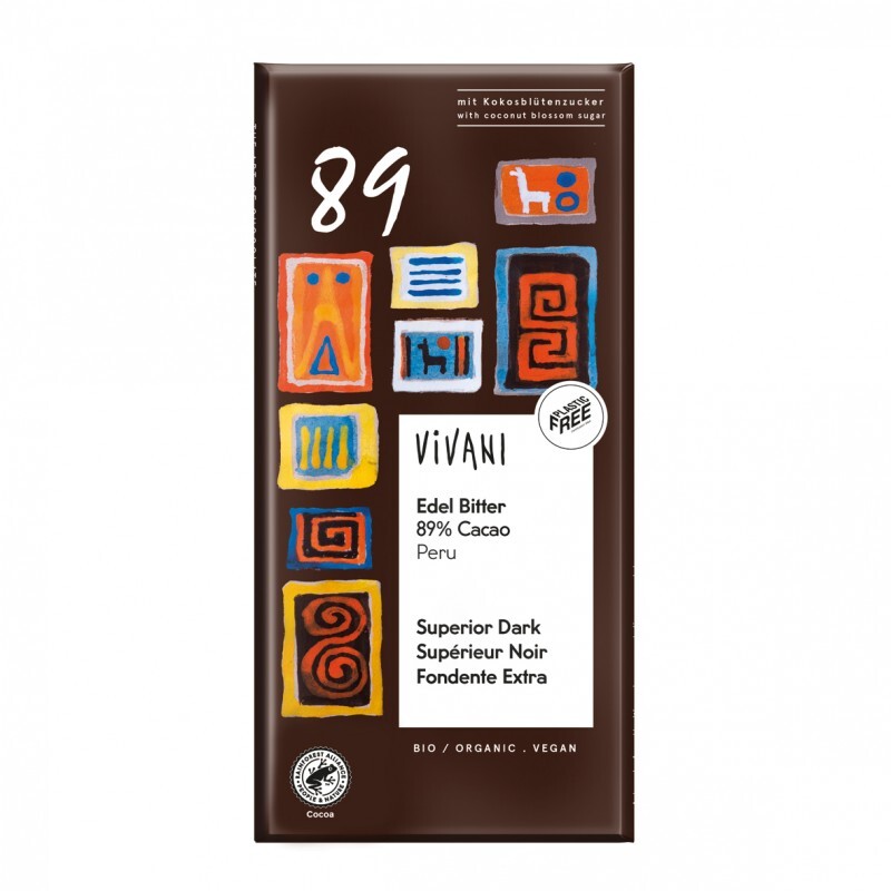 CHOCOLATE BIO NEGRO SUPERIOR 89% PERÚ CON AZÚCAR DE COCO 80GR - VIVANI