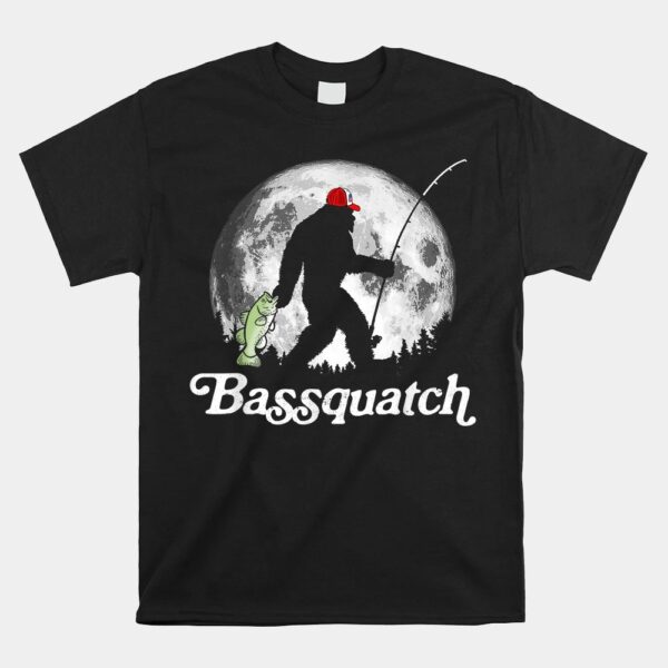 Bassquatch Funny Bigfoot Night Fishing And Full Moon Shirt